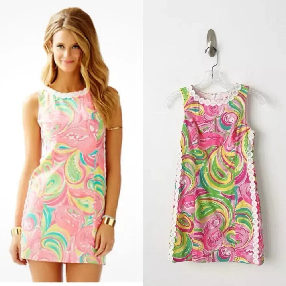 Lilly Pulitzer Mila All Nighter Shift Dress 00 100% Cotton Paisley Pink Green